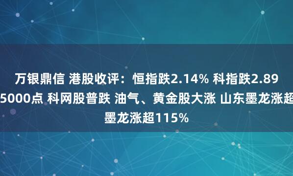 万银鼎信 港股收评：恒指跌2.14% 科指跌2.89%失守5000点 科网股普跌 油气、黄金股大涨 山东墨龙涨超115%